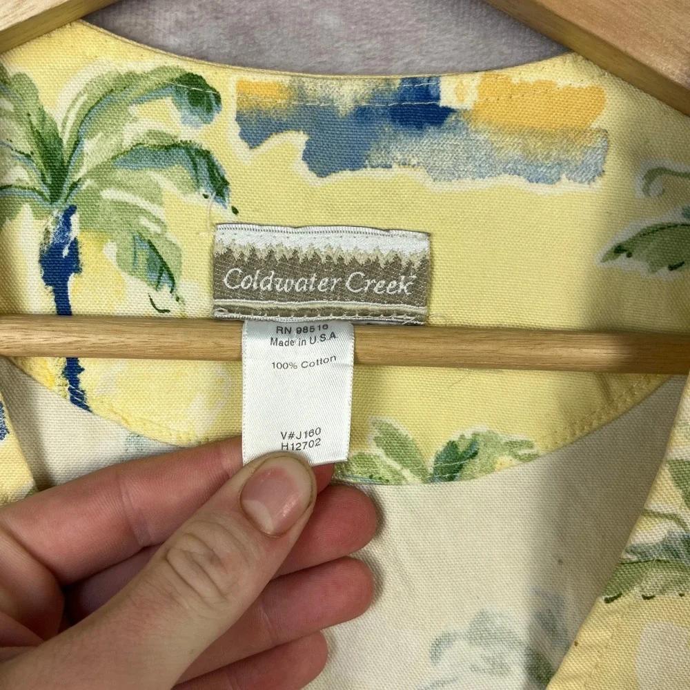 VTG 90s Coldwater Creek Palm Tree Print Vest‎ Sleeveless Top Yellow Tropical